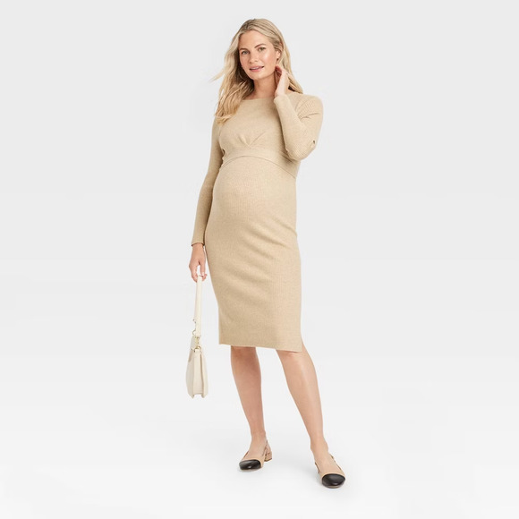 NWT Isabel by Ingrid & Isabel Maternity Ribbed Knit Tie Waist Midi Dress Beige M - Picture 1 of 11